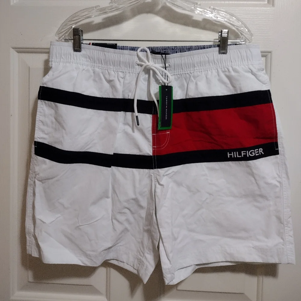 Tommy Hilfiger Men's 7” Flag Swim Trunks with Quick Dry White Size XL 🆕